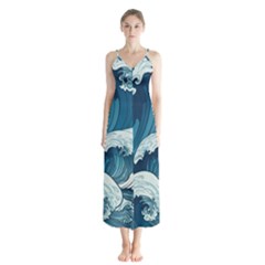 Waves Ocean Sea Pattern Water Tsunami Rough Seas Button Up Chiffon Maxi Dress by Ravend