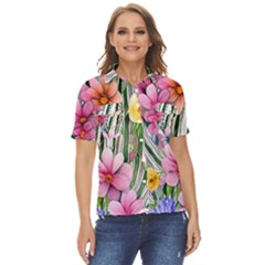 Beautiful Big Blooming Flowers Watercolor Women s Short Sleeve Double Pocket Shirt