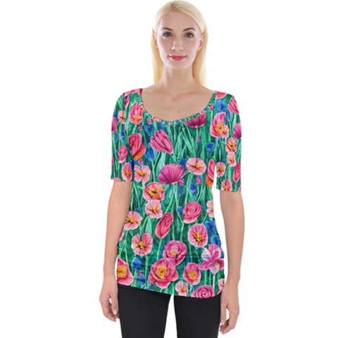 Blossom-filled Watercolor Flowers Wide Neckline Tee by GardenOfOphir