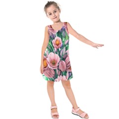 Azure Watercolor Flowers Kids  Sleeveless Dress by GardenOfOphir