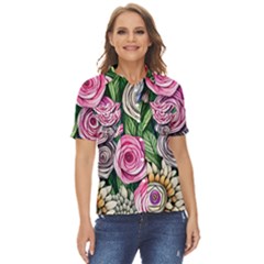 Breathtaking Bright Brilliant Watercolor Flowers Women s Short Sleeve Double Pocket Shirt