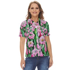 Blushing Bold Botanical Watercolor Flowers Women s Short Sleeve Double Pocket Shirt
