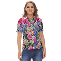 Bountiful Watercolor Flowers Women s Short Sleeve Double Pocket Shirt