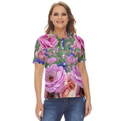 Broken And Budding Watercolor Flowers Women s Short Sleeve Double Pocket Shirt