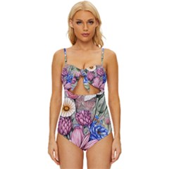 Broken And Budding Watercolor Flowers Knot Front One-piece Swimsuit by GardenOfOphir