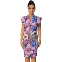 Broken And Budding Watercolor Flowers Vintage Frill Sleeve V-neck Bodycon Dress by GardenOfOphir