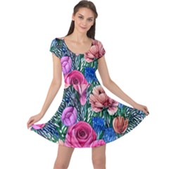 Bright And Brilliant Watercolor Flowers Cap Sleeve Dress by GardenOfOphir