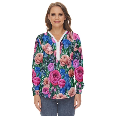Bright And Brilliant Watercolor Flowers Zip Up Long Sleeve Blouse by GardenOfOphir