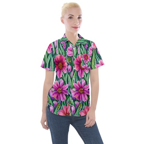 Cheerful And Cheery Blooms Women s Short Sleeve Pocket Shirt by GardenOfOphir