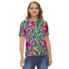 Cheerful And Cheery Blooms Women s Short Sleeve Double Pocket Shirt