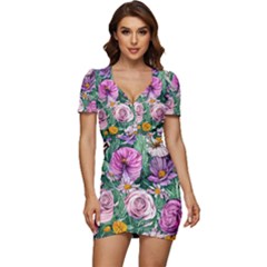 Budding And Captivating Flowers Low Cut Cap Sleeve Mini Dress by GardenOfOphir