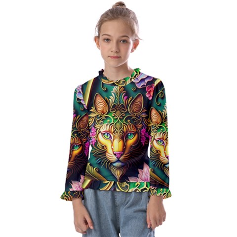 Ai Generated Paisley Pattern Feline Floral Kids  Frill Detail Tee by Ravend