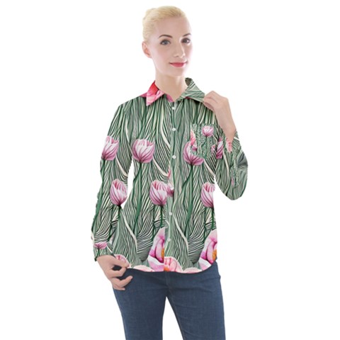 Pure And Radiant Watercolor Flowers Women s Long Sleeve Pocket Shirt by GardenOfOphir