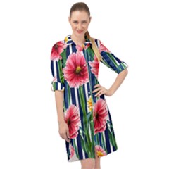 Charming And Cheerful Watercolor Flowers Long Sleeve Mini Shirt Dress by GardenOfOphir