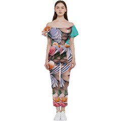 Whimsy Lady Combined Watercolor Flowers Off Shoulder Ruffle Top Jumpsuit