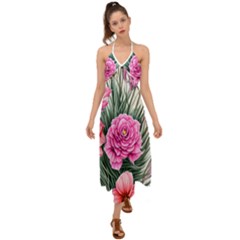 Color-infused Watercolor Flowers Halter Tie Back Dress  by GardenOfOphir