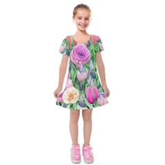 Classic Watercolor Flowers Kids  Short Sleeve Velvet Dress by GardenOfOphir
