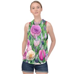 Classic Watercolor Flowers High Neck Satin Top by GardenOfOphir