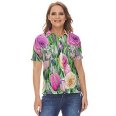 Classic Watercolor Flowers Women s Short Sleeve Double Pocket Shirt