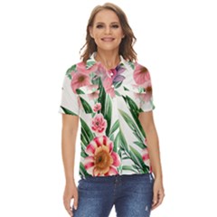 Chic Watercolor Flowers Women s Short Sleeve Double Pocket Shirt