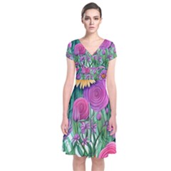 Charming Watercolor Flowers Short Sleeve Front Wrap Dress by GardenOfOphir