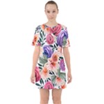 Country-chic Watercolor Flowers Sixties Short Sleeve Mini Dress