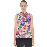 Country-chic Watercolor Flowers Mock Neck Shell Top