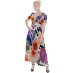 Country-chic Watercolor Flowers Button Up Short Sleeve Maxi Dress