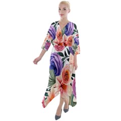 Country-chic Watercolor Flowers Quarter Sleeve Wrap Front Maxi Dress by GardenOfOphir