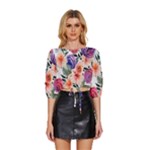 Country-chic Watercolor Flowers Mid Sleeve Drawstring Hem Top
