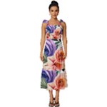Country-chic Watercolor Flowers Tie-Strap Tiered Midi Chiffon Dress