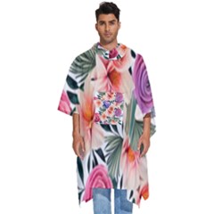 Country-chic Watercolor Flowers Men s Hooded Rain Ponchos by GardenOfOphir