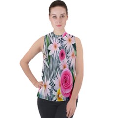 Classy And Chic Watercolor Flowers Mock Neck Chiffon Sleeveless Top by GardenOfOphir