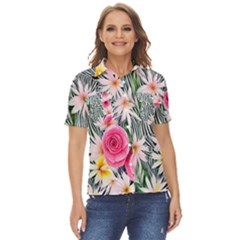 Classy And Chic Watercolor Flowers Women s Short Sleeve Double Pocket Shirt