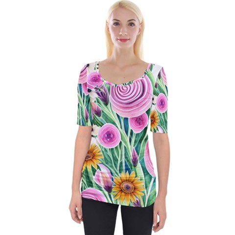 Cheerful And Captivating Watercolor Flowers Wide Neckline Tee by GardenOfOphir