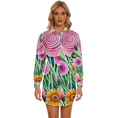 Cheerful And Captivating Watercolor Flowers Womens Long Sleeve Shirt Dress by GardenOfOphir