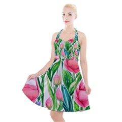 Cheerful And Captivating Watercolor Flowers Halter Party Swing Dress  by GardenOfOphir