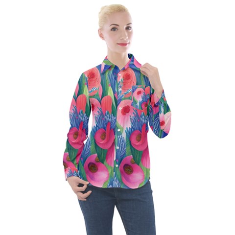 Celestial Watercolor Flowers Women s Long Sleeve Pocket Shirt by GardenOfOphir
