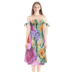 Captivating Watercolor Flowers Shoulder Tie Bardot Midi Dress by GardenOfOphir