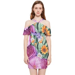 Captivating Watercolor Flowers Shoulder Frill Bodycon Summer Dress by GardenOfOphir