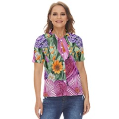 Captivating Watercolor Flowers Women s Short Sleeve Double Pocket Shirt