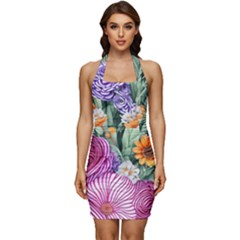 Captivating Watercolor Flowers Sleeveless Wide Square Neckline Ruched Bodycon Dress by GardenOfOphir