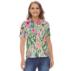 Different Watercolor Flowers Botanical Foliage Women s Short Sleeve Double Pocket Shirt
