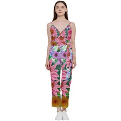 Enchanted Watercolor Flowers Botanical Foliage V-neck Spaghetti Strap Tie Front Jumpsuit by GardenOfOphir