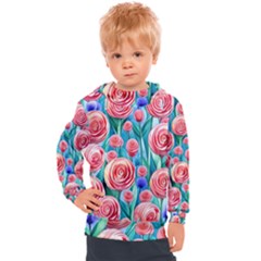 Brilliantly Hued Watercolor Flowers In A Botanical Kids  Hooded Pullover by GardenOfOphir