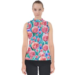 Brilliantly Hued Watercolor Flowers In A Botanical Mock Neck Shell Top by GardenOfOphir