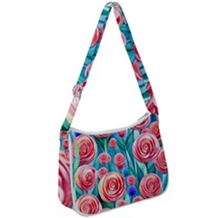 Brilliantly Hued Watercolor Flowers In A Botanical Zip Up Shoulder Bag by GardenOfOphir