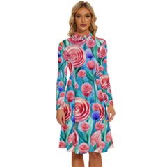 Brilliantly Hued Watercolor Flowers In A Botanical Long Sleeve Shirt Collar A-line Dress by GardenOfOphir