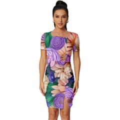 Exotic Tropical Botanical Flowers Pattern Fitted Knot Split End Bodycon Dress by GardenOfOphir