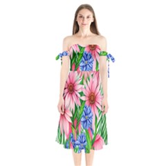 Exotic Tropical Flowers Shoulder Tie Bardot Midi Dress by GardenOfOphir